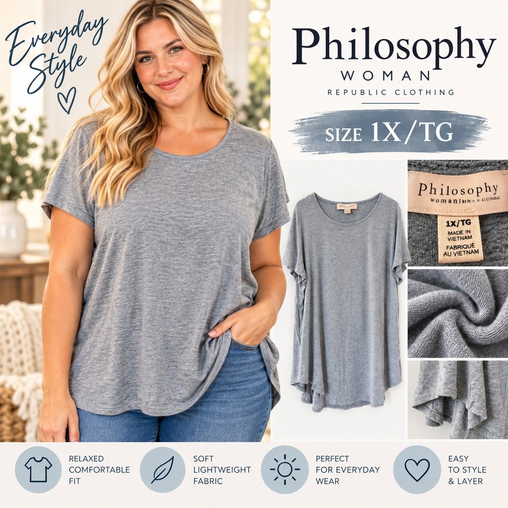 Philosophy Republic Clothing Women's Plus 1X Gray Short Sleeve Swing Tee Top